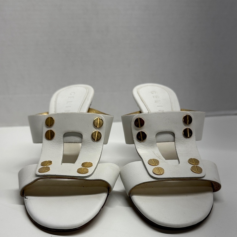 Celine Triomphe Heels High Heel Shoes Open Toe Leather White Gold Studs Size 37 - Picture 4 of 14